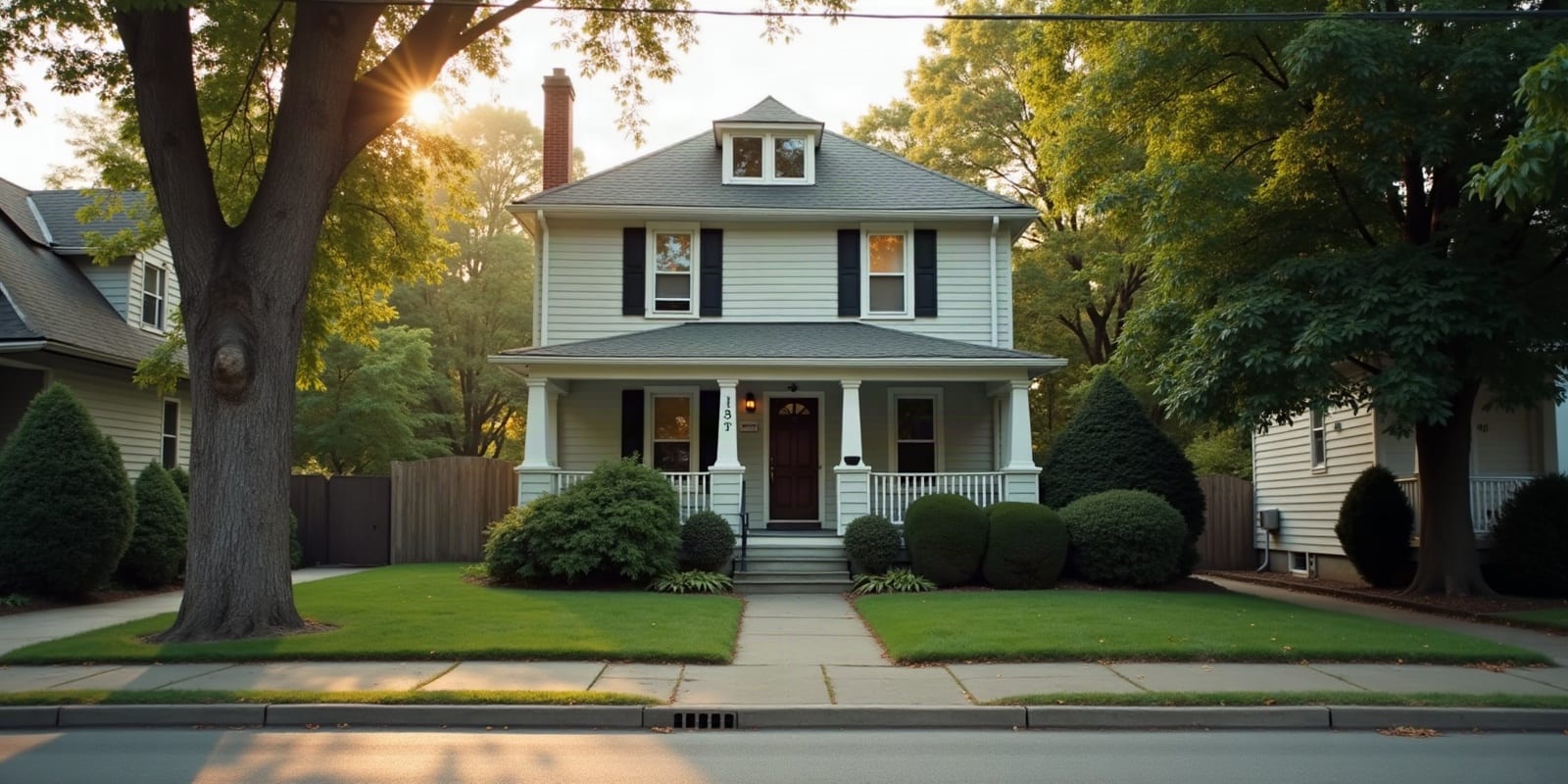 A single-family house on a quiet residential street in late afternoon light